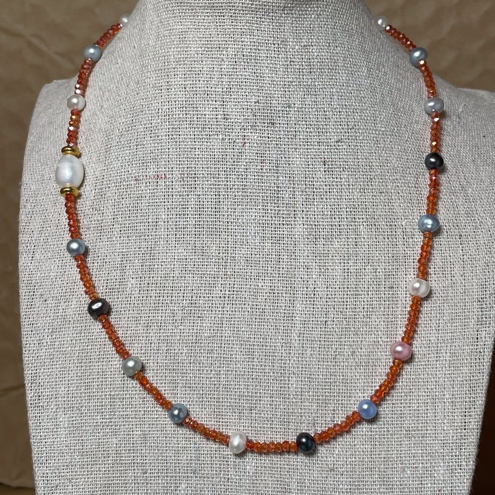Boho Artisan Handmade Freshwater Pearl Orange Crystal Beaded Choker Necklace 17”